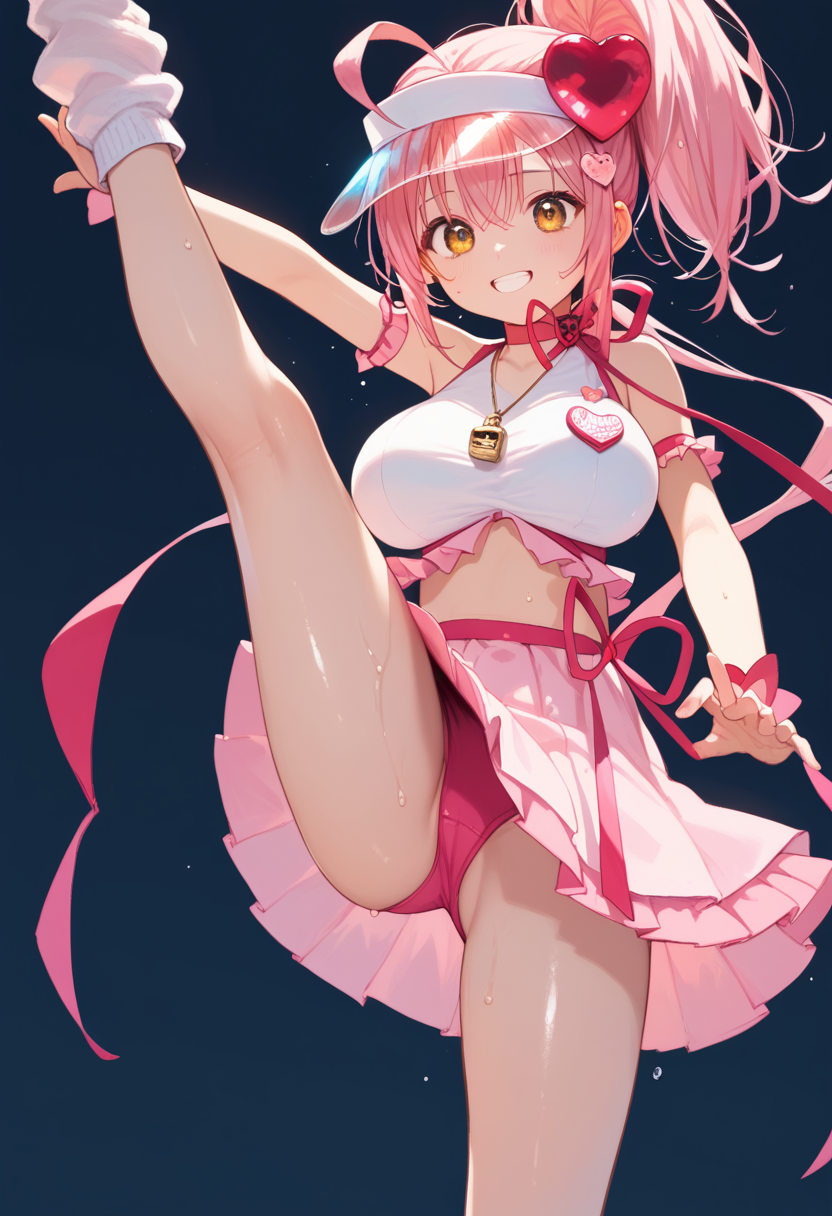 score_9, score_8_up, score_7_up, score_6_up, anime_lineart
1girl, solo,
<lora:amulet_heart:1> amulet_heart, pink hair, yellow eyes, heart, magical girl, visor cap, lock button, skirt, hair ornament, ponytail, loose socks, pink footwear:0.9
huge breasts,
sweat,  shiny skin,  smile, stretching, standing on one leg, leg_lift, folded, on leg up