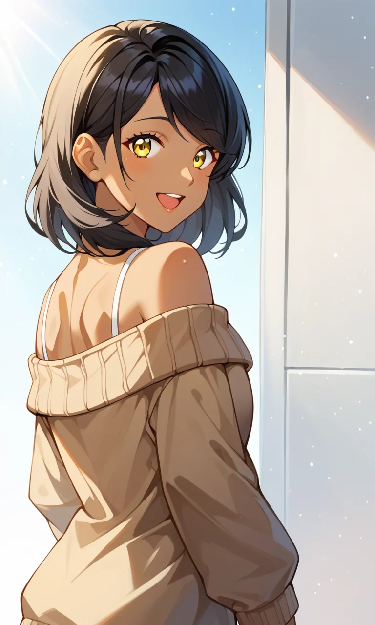 score_9, score_8_up, score_7_up, source_anime, sunlight, light particles, backlighting, light rays, 1girl, solo, dark-skinned female, medium hair, black hair, sidelocks, swept bangs, yellow eyes, looking at viewer, open mouth, smile, brown sweater, off-shoulder sweater, spaghetti strap, bare shoulders, shoulder blades, looking back, looking at viewer, upper body