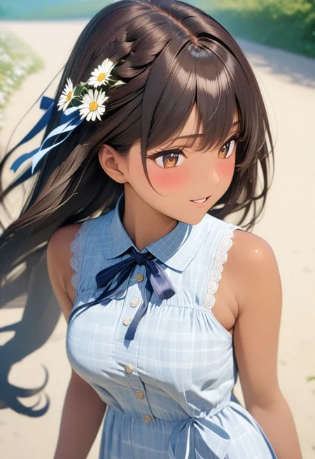 gorgeous lips, cinematic, (masterpiece), (best quality), (ultra-detailed), very aesthetic, illustration, perfect composition, intricate details, absurdres, detailed face, (anime, masterpiece, intricate:1.3), (best quality, hires textures, high detail:1.2), brown eyes,
1girl,( brown skin, tan skin, very long black hair, wavy hair:1.3),medium breasts, perfecteyes, 8k, highest quality, ultra details,1girl, solo(,blue checker-print backless sundress with bows and ribbons:1.2), hair ribbons,running over grassy hills, spring season, cinematic lighting, hair blowing in the wind, dress blowing in wind, blush, smile, happy, falling flower petals ,flowers in hair,daisy flowers cover the entire ground, flower petals blowing in the wind, (dynamic shot:1.4), photoshoot
