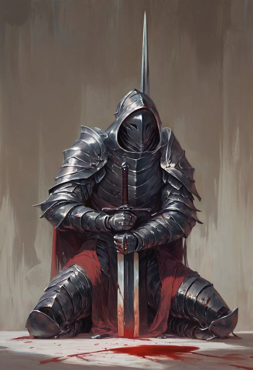 score_9, score_8_up, score_7_up, intimate character design, modern-style color illustration, bold, powerful, lifelike art, detailed setting, (black knight holding a sword), plate armor, supporting sword, blood coming out of armor, kneeling, wounded