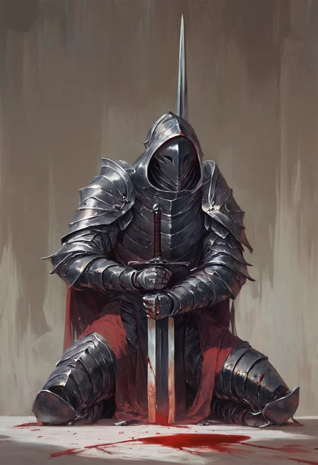 score_9, score_8_up, score_7_up, intimate character design, modern-style color illustration, bold, powerful, lifelike art, detailed setting, (black knight holding a sword), plate armor, supporting sword, blood coming out of armor, kneeling, wounded