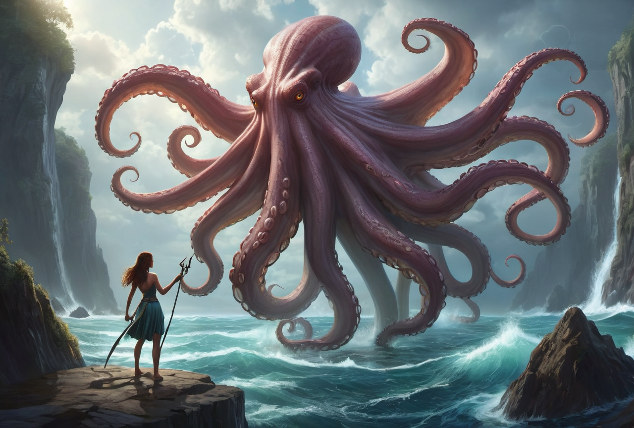 ethereal fantasy concept art of  a giant octopus clings to the girl,girl holding a trident fighting with an octopus,gigantic_breasts,a plump figure,<lora:S-shape Body SDXL:1.6>,mysterious light and shadow,dark_clouds,cinematic light,magic,ocean,huge waves,storm,evil,dark terror,erotic,octopus tentacles reach into girl's skirt,greek mythology,battle scene,huge underwater cave,<lora:PLASTT:0.7>,<lora:çå¨è¡¨æExpressions_XL:0.7>, . magnificent, celestial, ethereal, painterly, epic, majestic, magical, fantasy art, cover art, dreamy