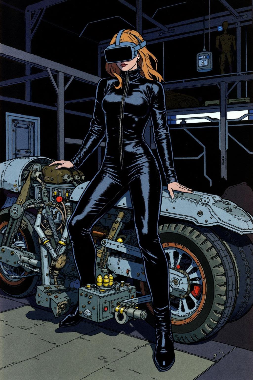 ivanbilibin1 illustration. 
A striking, futuristic scene depicts a woman dressed in sleek, form-fitting leather attire, sitting confidently atop an open power suit, inspired by the cyberpunk aesthetics of Masamune Shirow. The power suit, a blend of advanced technology and military-grade armor, features intricate mechanical details, exposed wiring, and a robust, yet streamlined design. The woman, wearing a cutting-edge VR headset, exudes a sense of control and mastery over the machine beneath her. Her posture is relaxed yet commanding, with one hand resting on the suit's metallic surface and the other casually holding a piece of advanced tech. The background is a high-tech industrial setting, with dim lighting that casts dramatic shadows, highlighting the fusion of human and machine. The overall atmosphere is one of futuristic coolness and cybernetic elegance, capturing the essence of Shirow's iconic style  <lora:ivanbilibin2_cap_d6a3e11:1.0><lora:857362444564063454:0>
