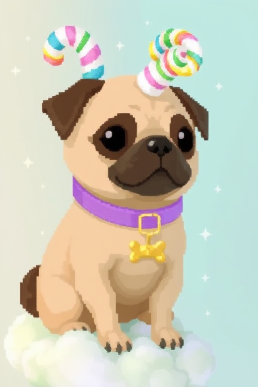 A pixel art pug with fluffy caramel fur and chocolate-drop eyes, wearing a lavender velvet collar with a golden bone pendant, sits upright on a mint-green cloud. A spiraled cotton-candy horn topped with rainbow jimmies erupts from its head, dripping sugary glaze. Soft pastel lighting creates a dreamy, confectionery glow, while tiny gumdrop stars float in the background. Style: Hyper-detailed 3D render with glossy textures and candy-shell iridescence. _________ dramatic beauty, otherworldly quality, soft lighting, shallow depth of field, high detail, dynamic composition, cinematic shot, film grain, balanced shadows, harmonic colors, emotional depth, symbolic meaning, innovative props/costumes, timeless elegance, modern themes, iconic imagery, unforgettable moment, captivating beauty, stunning impact, thought-provoking, artistic vision, masterful execution.
Pixel art style, clear drawn in big pixels very well aligned, rich showcase, award-winning craftsmanship. UHD resolution enhances the dynamic, impactful pose for a striking, lifelike result.