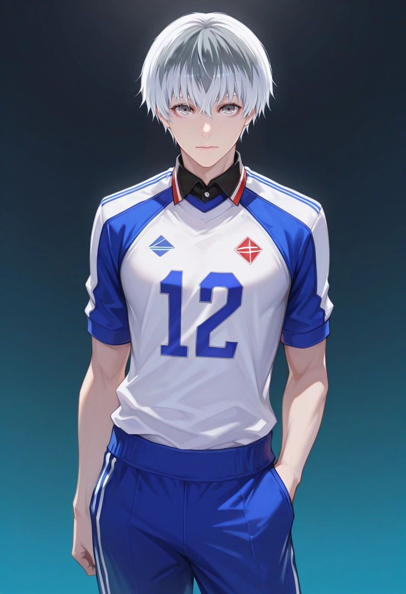 masterpiece, best quality, , (realistic:0.6), looking at viewer, 1boy, solo, male focus, <lora:ken_kaneki_ilxl:0.9>, ken_kaneki, white hair, grey eyes, short hair, bangs, hair between eyes, tokyo ghoul:re, sasaki haise, two-tone hair, grey hair, multicolored hair, , , , Trousers, Sports jersey, , ,