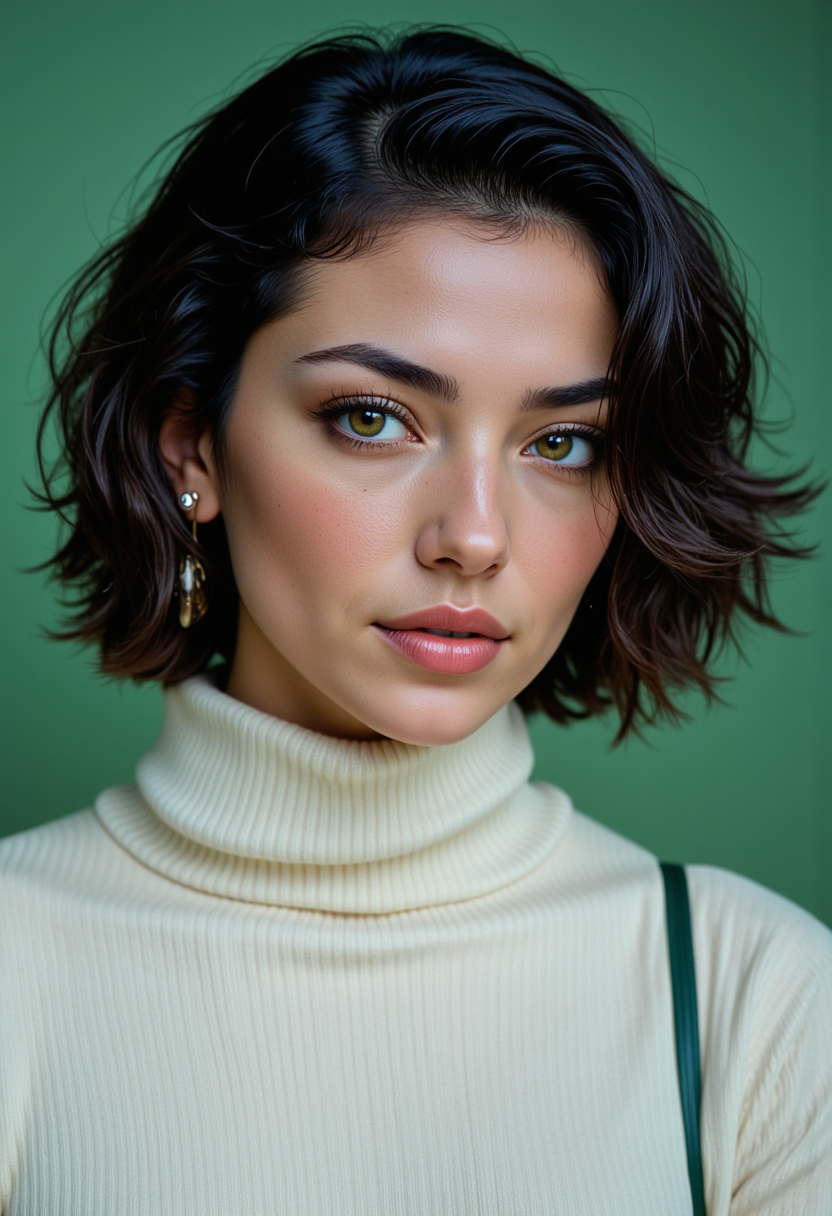 Headshots,masterpiece, a beautiful woman,Hyperrealistic, she is smiling, dynamic angles, multiple angles, photoshoot poses; A photo of Dark hair female  2a, a woman with short hair, she has massive breasts, a beautiful girl,she is wearing a white turtleneck sweater.she has massive breasts, she has piercing eyes. a dynamic pose and a sense of action. simple green background, and the lighting is soft, creating a dramatic effect, creating a focused and dynamic pose.; the scene is set in a beautiful well-lit environment, with a sense of action and adventure. Style: realistic hyper-detailed rendering, 32k UHD, expressive eyes, punk, graphic design, girl's face, pretty and cute, gleaming lips, telling a tale of adventure. Exuding confidence and serenity. The overall mood of the image is happy and relaxed, detailed skin texture,(blush:0.2),(goosebumps:0.3), subsurface scattering,with a playful and whimsical tone,perfect hand, hand, detailed hand,niji style,retro50s_style,
