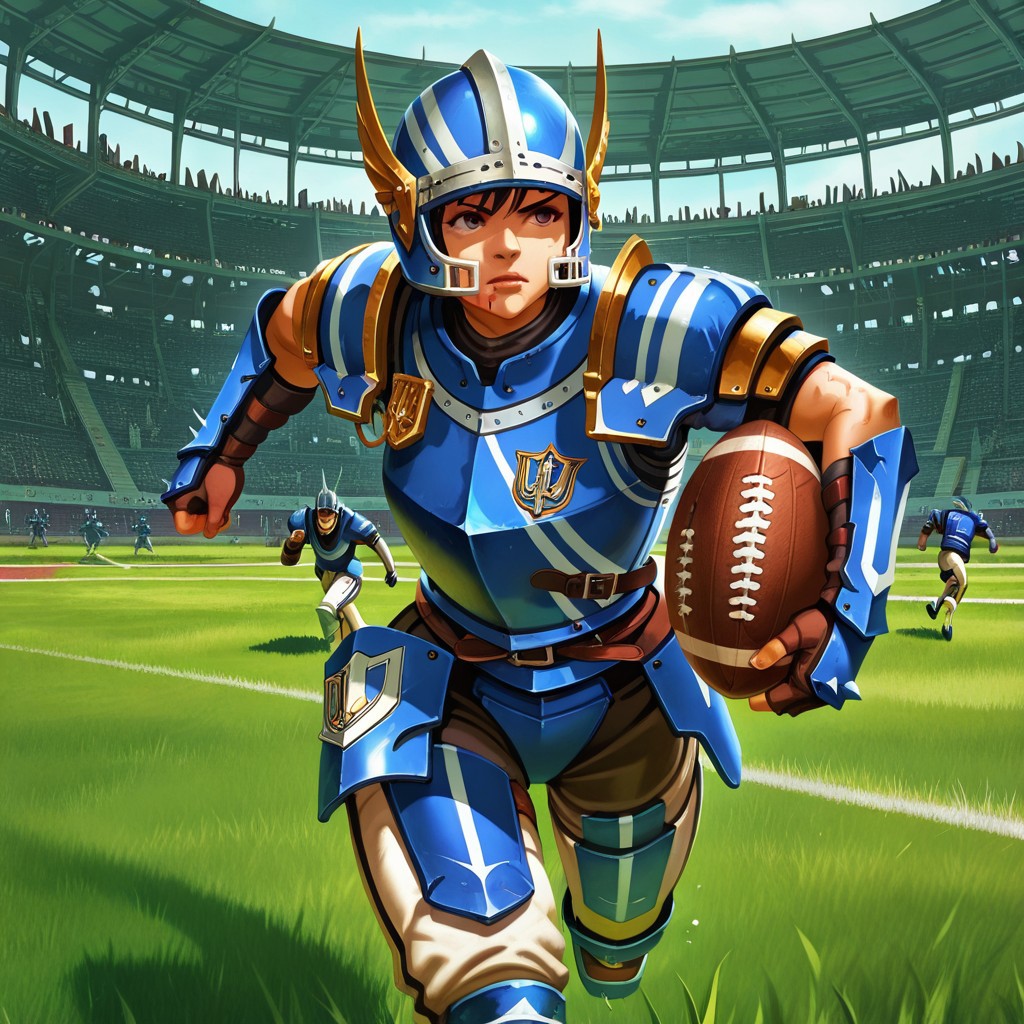 blood bowl style,11 boys,stadium,grass,1 girl,human,armor,helmet,solo,holding ball,running,cowboy shot,
masterpiece, good quality,best quality, ultra-detailed, best illustration, high quality, absurdres, detailed background, very aesthetic, highly detailed, highres, high quality, best quality, Sian art style, official art, game cg,face focus,