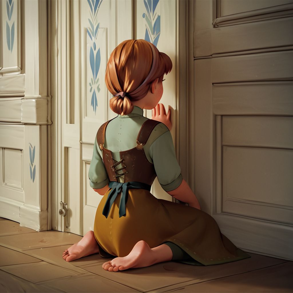 score_9, score_8_up, score_7_up, score_6_up, score_5_up, score_4_up, rating_questionable, Anna, freckles, sitting on the floor, back against a door, barefoot, facing viewer