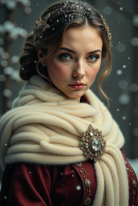<lora:FFS_v.5:0.8> FFS style. The image is a highly detailed, hyper-realistic digital painting created in the style of photorealism, featuring a young woman with an ethereal, winter-themed background. The subject is a fair-skinned woman with porcelain-smooth skin, striking green eyes, and a delicate nose. Her hair is styled in a classic updo, adorned with intricate, gold hair accessories that add a touch of elegance. She is dressed in a rich, deep maroon garment with intricate details, featuring a cream-colored scarf wrapped around her neck, adorned with a large, ornate brooch at the center that matches her hair accessories, adding a touch of opulence. The scarf appears to be made of a soft, fluffy material, enhancing the warmth and luxury of her attire. Snowflakes gently fall in the background, adding a serene, wintry ambiance. The background is blurred, with a soft focus on the woman, and features a muted, cool-toned color palette that contrasts sharply with the warmth of her clothing. The lighting is soft and diffused, highlighting her facial features and the intricate details of her attire.