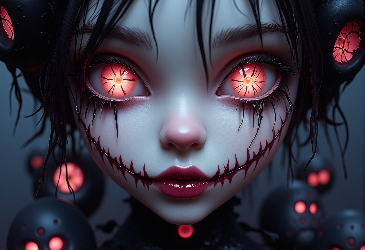 bv-twiwonsty. A close-up of a twisted ethereal banshee, focusing on their stitched smile, surrounded by arcane symbols. , <lora:bv-twisted-wonderland-style-v1.safetensors:1.0:1.0>