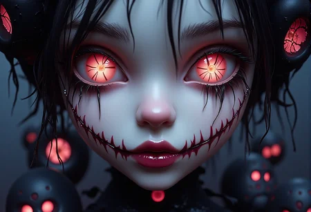 bv-twiwonsty. A close-up of a twisted ethereal banshee, focusing on their stitched smile, surrounded by arcane symbols. , <lora:bv-twisted-wonderland-style-v1.safetensors:1.0:1.0>