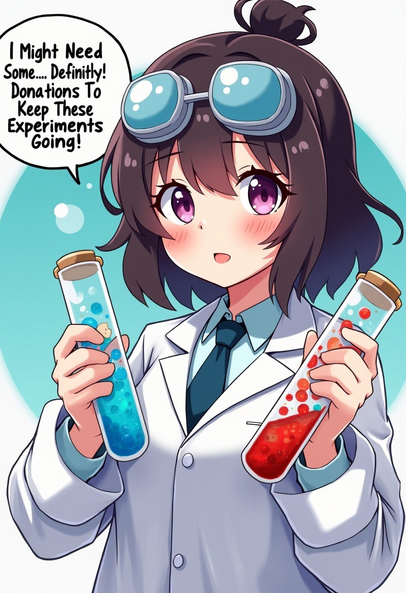 (masterpiece), best quality, expressive eyes, perfect face, cartoon style, anime style, Chaotic Scientist Girl: A bubbly anime girl in a lab coat with goggles tilted on her forehead, holding test tubes that are definitely bubbling over. Speech bubble says: “I might need some… donations to keep these experiments going! Buzz for science, anyone?"