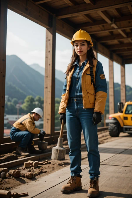 <lora:LCM_LoRA_Weights_SD15:1>,<lora:detail_slider_v4:1.3>,(hardworking construction worker) 23yo old adult Woman, slender build, extra long blue updo hair, philippine, light skin, light brown eyes, wearing a hard hat, black work jacket, denim pants, lace-up work shoes, high-visibility safety vest, work gloves,holding a hammer, set in a mountainous construction site, with rugged terrain, excavation equipment, safety gear, and workers navigating the site ,from the side:1.1,(full body portrait:1.3),(wide shot:1.3),Preppy fashion style, characterized by classic and timeless clothing choices, features tailored silhouettes, vibrant colors, and traditional patterns like plaid and stripes, promotes a polished and sophisticated look, reflects a sense of privilege and tradition associated with elite education,