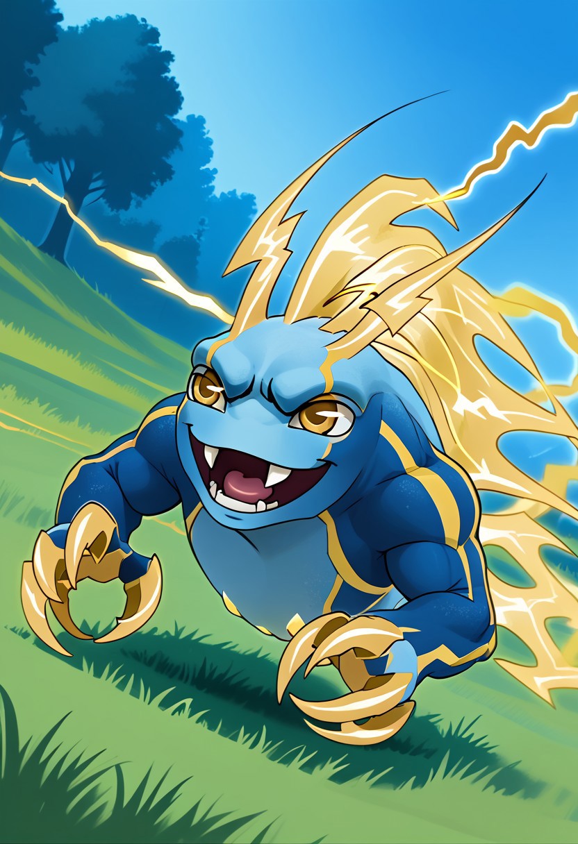 BREAK score_9, score_8_up, score_7_up, source_cartoon, Joules_Tazerlings, ray-shaped antennae, yellow rays, yellow eyes, two-tone skin, light blue-blue, light blue chest, yellow claws, tail of electricity, grass, smile, (creativity:1.3), outdoors,