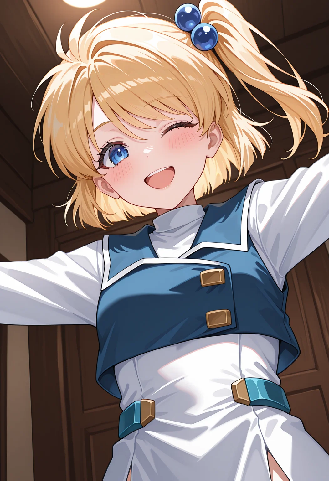 highres, best quality, masterpiece, indoors,
1girl, solo, srtprecia, blonde hair, side ponytail, one side up, hair ornament, hair bobbles,
presrtdef, military dress, white dress, blue vest, long sleeves,
looking at viewer, blush, smile, open mouth,
upper body, spread arms, from below, one eye closed,
<lora:_precia_xenosakis-elesico-ilxlA:1>