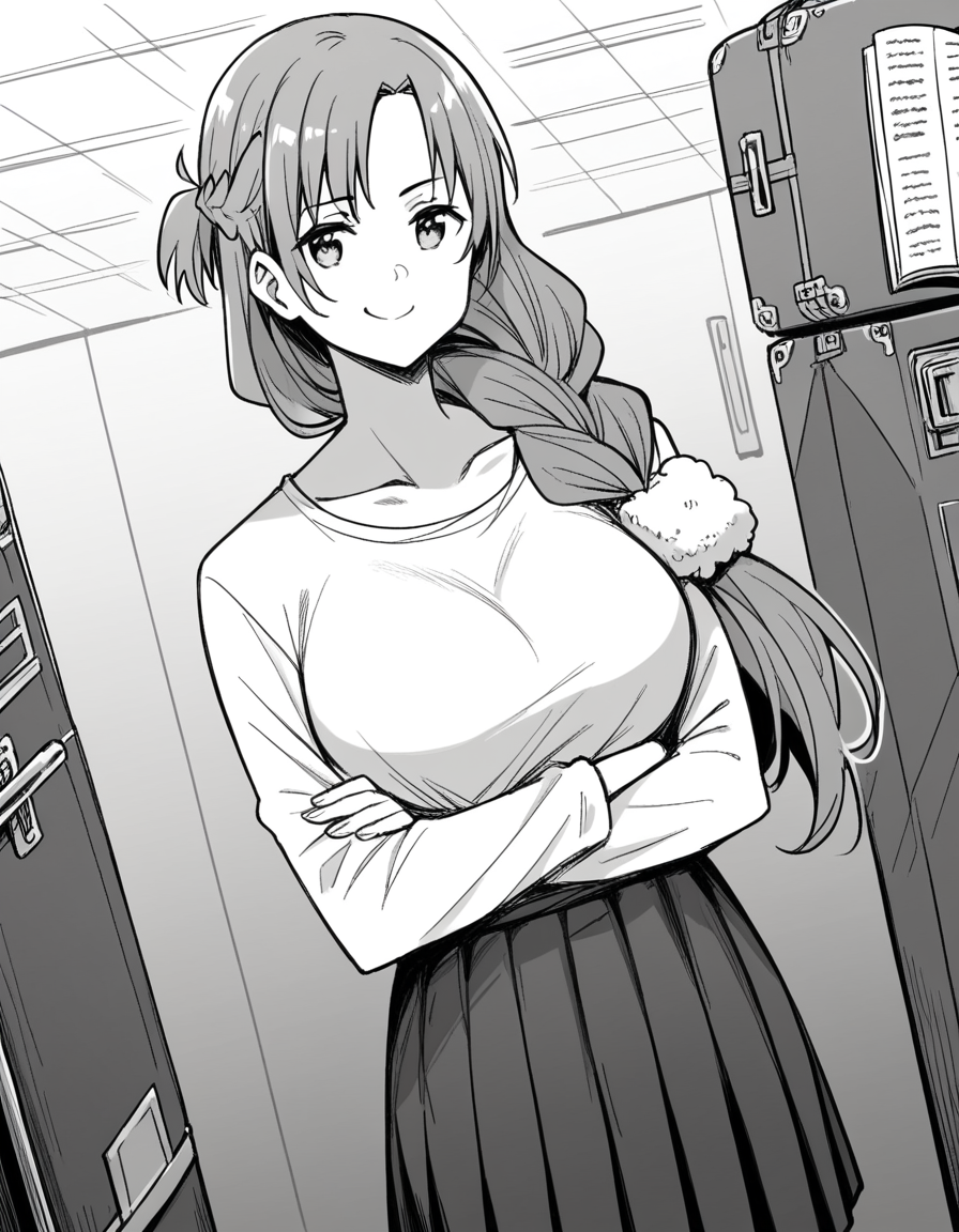 score_9, score_8_up, score_7_up, source_anime, <lora:oninarasu-asuna-yuuki-manga-ponyxl-lora-nochekaiser:1>, asuna yuuki, long hair, bangs, monochrome, braid, greyscale, single braid, large breasts,, skirt, shirt, long sleeves, jewelry, pleated skirt,, airport, waiting area, suitcase, flight delayed, passengers, reading book, smile, looking at viewer, crossed arms, smug, solo,, cowboy shot, dutch angle