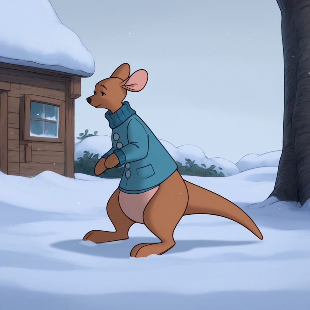 score_9, score_8_up, score_7_up, score_6_up, score_5_up, score_4_up source_furry, WtPKangav2, semi-anthro, female, kangaroo, brown fur, outside, winter, snow, blue sweater
