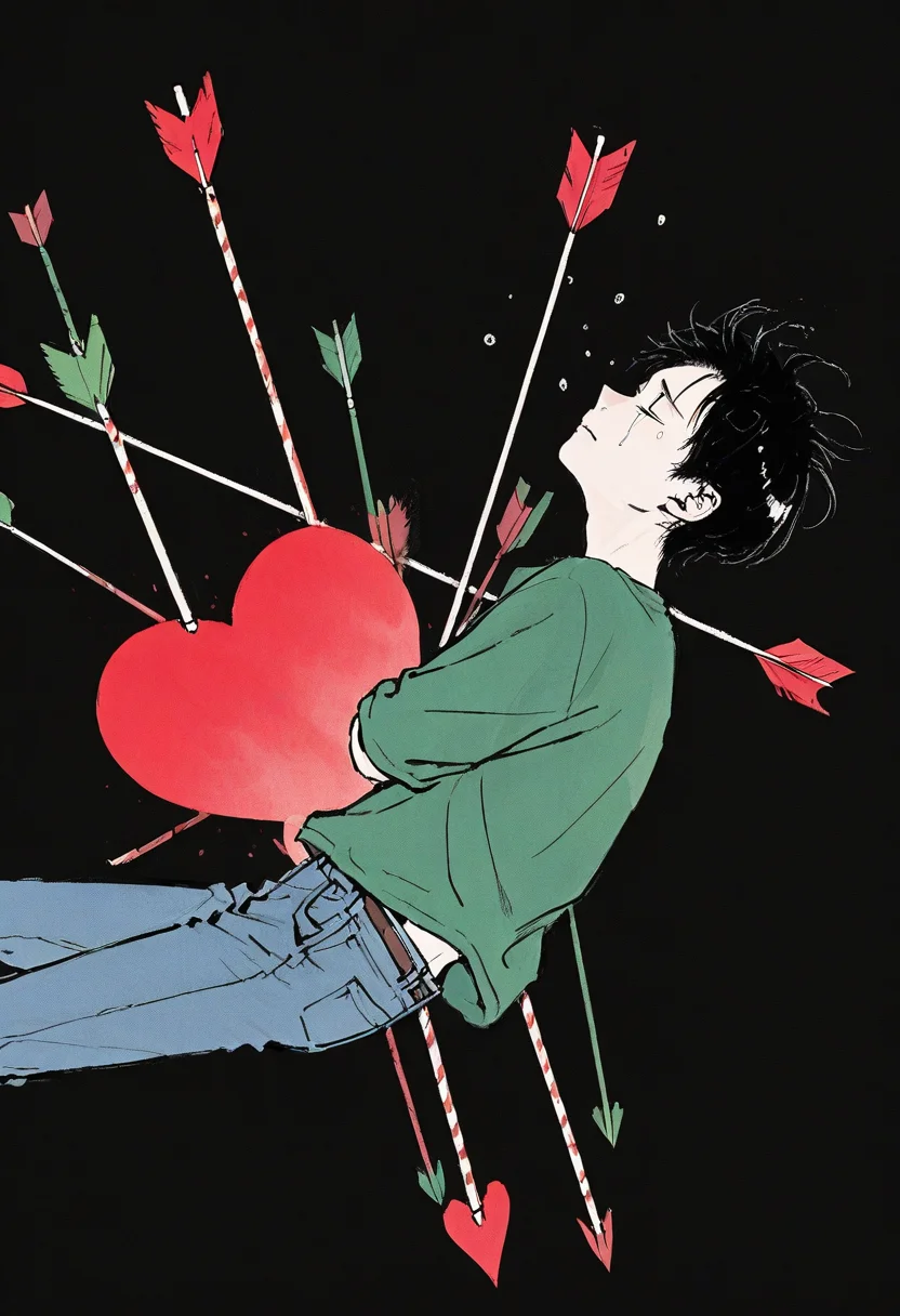 1boy, 30-yo boy, looking up, from side, (looking to left:1.2), tears, black background, closed eyes, closed mouth, dutch angle, falling,
BREAK
black hair, green shirt, jeans, short hair, skinny, massive heart arrow, arrow in body,
BREAK
<lora:Ink_wash_painting_style_v1.5:1>,
BREAK
best quality, masterpiece, very aesthetic, absurdres, highest detailed, very awa, simple background,