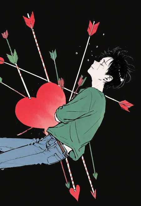 1boy, 30-yo boy, looking up, from side, (looking to left:1.2), tears, black background, closed eyes, closed mouth, dutch angle, falling,
BREAK
black hair, green shirt, jeans, short hair, skinny, massive heart arrow, arrow in body,
BREAK
<lora:Ink_wash_painting_style_v1.5:1>,
BREAK
best quality, masterpiece, very aesthetic, absurdres, highest detailed, very awa, simple background,