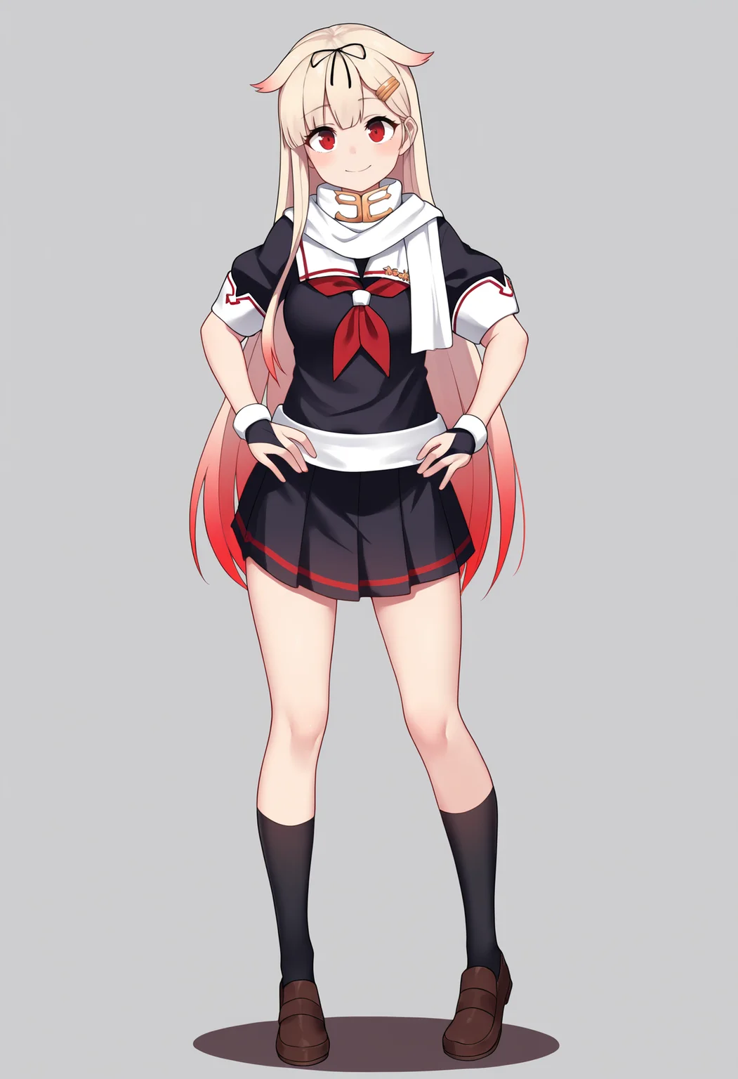best quality, amazing quality, very aesthetic, absurdres,
1girl, yuudachikaini, blonde hair, gradient hair, hair flaps, long hair, hair ribbon, hairclip, red eyes,
serafuku, fingerless gloves, neckerchief, pleated skirt, school uniform, scarf, black socks, loafers,
hands on hips, standing, full body, smile, looking at viewer, solo, simple background, white background <lora:YuudachiNoobXL_byKonan:1>