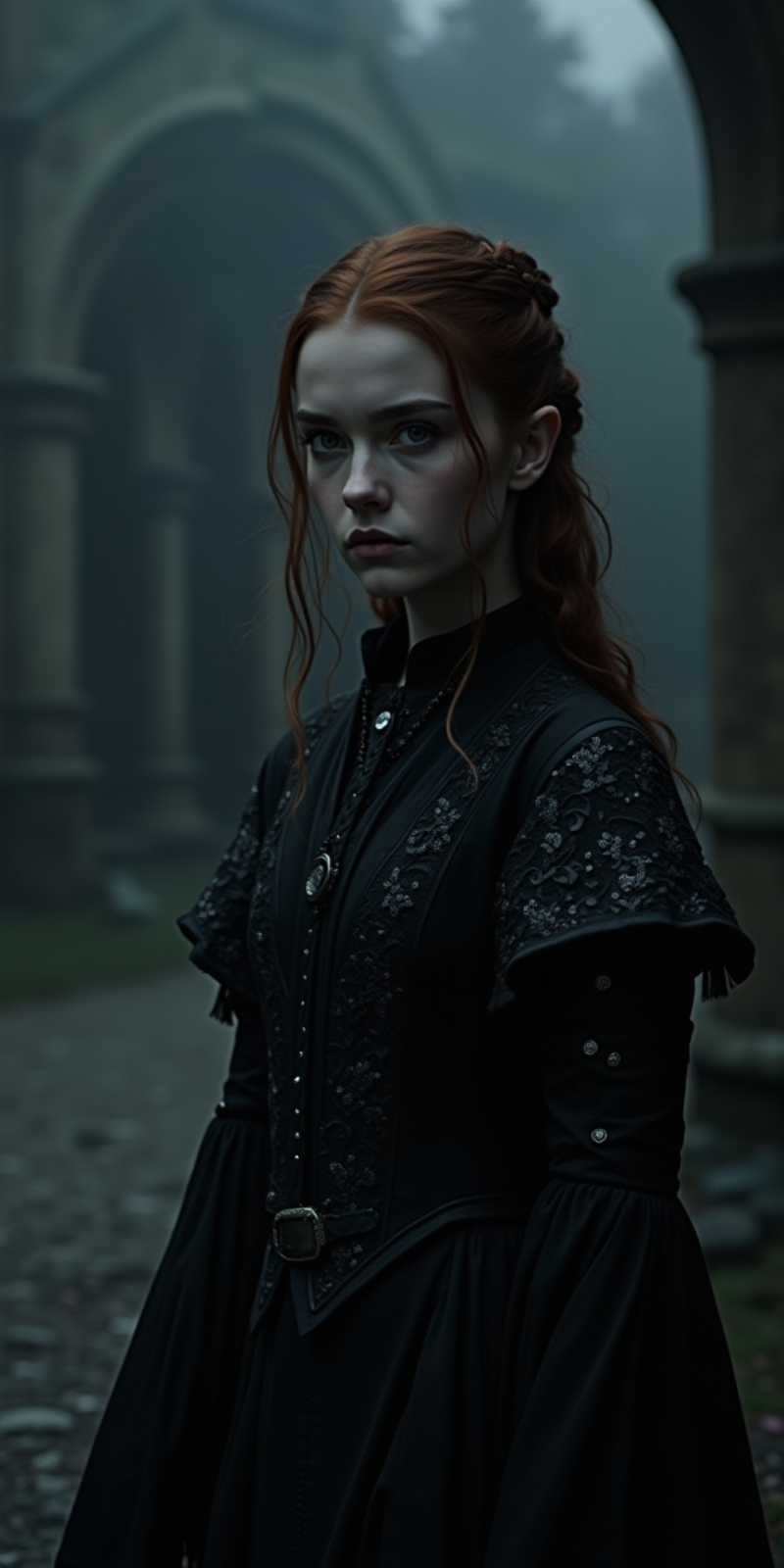 Design an image of Sansa Stark from Game of Thrones reimagined with a melancholic or emo aesthetic, under the name 'Sadie Stark.' She is dressed in dark, gothic-style clothing, such as a black, intricately detailed gown with silver accents, and her hair is styled in an emo-inspired look with long, dark fringes. Her makeup features dark eyeliner and subtle, somber tones. Sansa’s expression is one of deep sorrow and introspection, reflecting a poignant, emotional depth. The background is a dimly lit, gothic version of the Stark castle, with muted colors and a somber, atmospheric ambiance. The overall scene combines the elegance of Sansa Stark with a brooding, emo style, capturing a sense of melancholy and introspection.