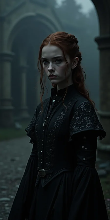 Design an image of Sansa Stark from Game of Thrones reimagined with a melancholic or emo aesthetic, under the name 'Sadie Stark.' She is dressed in dark, gothic-style clothing, such as a black, intricately detailed gown with silver accents, and her hair is styled in an emo-inspired look with long, dark fringes. Her makeup features dark eyeliner and subtle, somber tones. Sansa’s expression is one of deep sorrow and introspection, reflecting a poignant, emotional depth. The background is a dimly lit, gothic version of the Stark castle, with muted colors and a somber, atmospheric ambiance. The overall scene combines the elegance of Sansa Stark with a brooding, emo style, capturing a sense of melancholy and introspection.