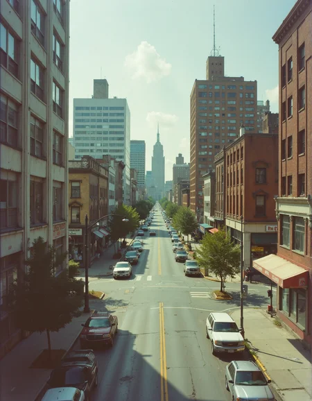A view of the downtown street on a sunny summer day. <lora:retrograde-80s:0.8> retr0grade80s