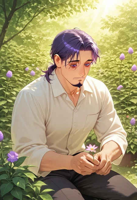 1boy, mbti_intp, mature man, purple eyes, droopy eyes, eye bags, tied hair, goatee, kneeling in a lush garden, examining a flower, wearing a comfortable linen shirt, soft sunlight filtering through leaves, surrounded by vibrant flora, a gentle and curious expression, natural and charming aesthetic, detailed botanical elements