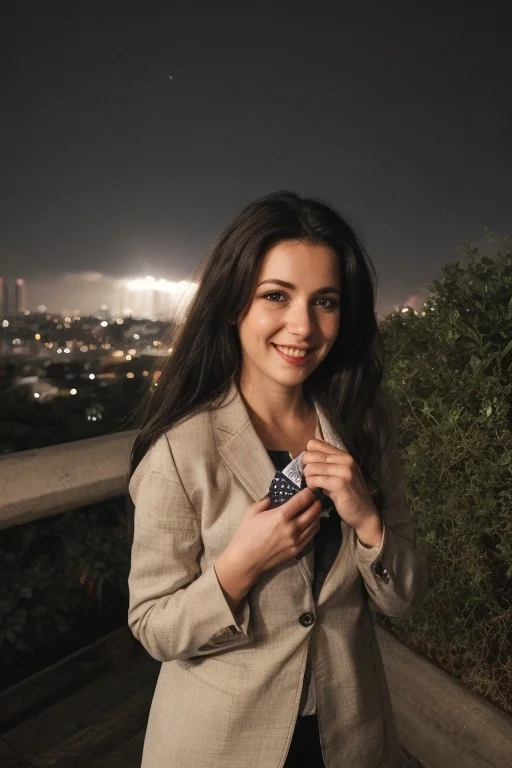 30yo American woman wearing bussiness suit with an American pin on chest.
Holding a flag.
Dark black smooth long hair ponytail. smiling.
Looking at camera.
Dynamic varying pose.
Outside bussiness. Night time,
Night time, dark.