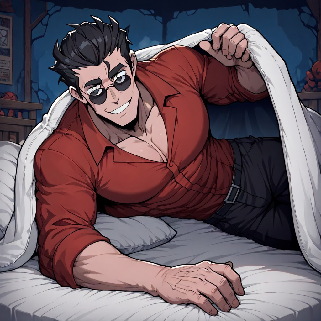 masterpiece, best quality, newest, absurdres, highres, anime, anime style, BINV-V1.0, bed invitation, cover, under covers, 1boy, helltaker \(helltaker\), black hair, short hair, muscular, muscular male, sunglasses, glasses,