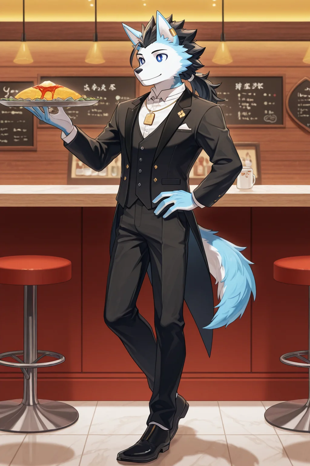 score_9, score_8_up, score_7_up, 1boy, solo, shikirowen, cyan fur, white fur, two-tone fur, male, blue pupils, white sclera, black hair, ponytail, wolf boy, wolf tail, long hair, wolf ears, gold ear piercing, gold amulet necklace, pose, full body, restaurant, butler clothing
