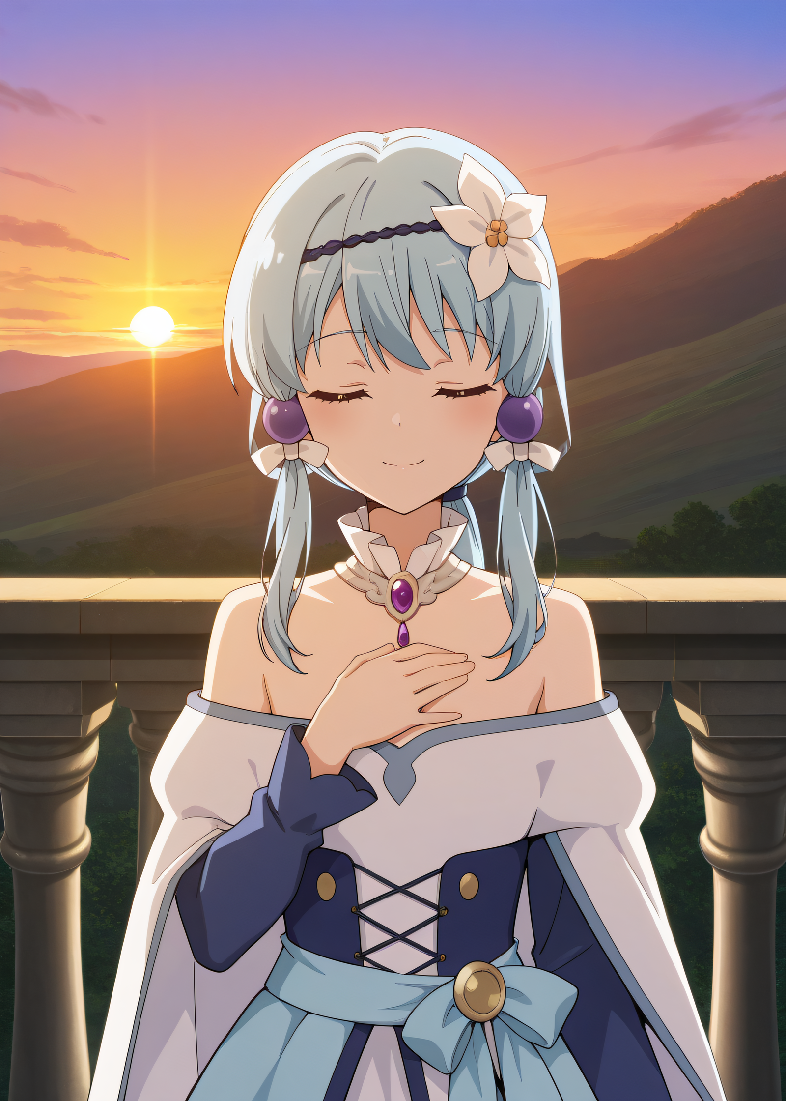 masterpiece, best quality, highres, scenery, newest, 1girl, solo, official style, <lora:Fiona_Urd_Aleglife:1>, fionaurd, blue hair, low ponytail, white flower, hair flower, hairband, purple_hair_ornaments, off shoulders, white detached collar, long dress, white cape, sash, blue sleeves, blue corset, blue waist cape, upper body, smile, hand on chest, looking at viewer, outdoor, sunset, closed eyes