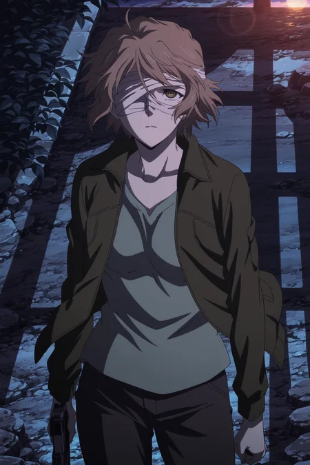 anime screencap, anime coloring, detailed face, masterpiece, best quality, very aesthetic, absurdres, bokeh, volumetric lighting, official style, amazing quality, ultra detailed, highres, amazing quality, scenery, beautiful detailed hair,
<lora:Hex_Jormungand:1>
outside, evening, dim lighting,
Hex bandaged eye appearance, Hex (Jormungand), gun, solo, weapon, 1girl, brown hair, handgun, jacket, bandages, short hair, brown eyes, cowboy shot, high angle, girl looking up