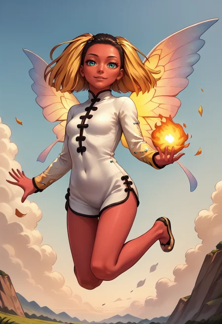 score_9, score_8_up, score_7_up, source_anime, 1girl, <lora:HuaPoSMT-pdxl:1> huapoSMT, red skin, flying, smile, china dress, butterfly wings, long sleeves, shoes, holding fireball, sky