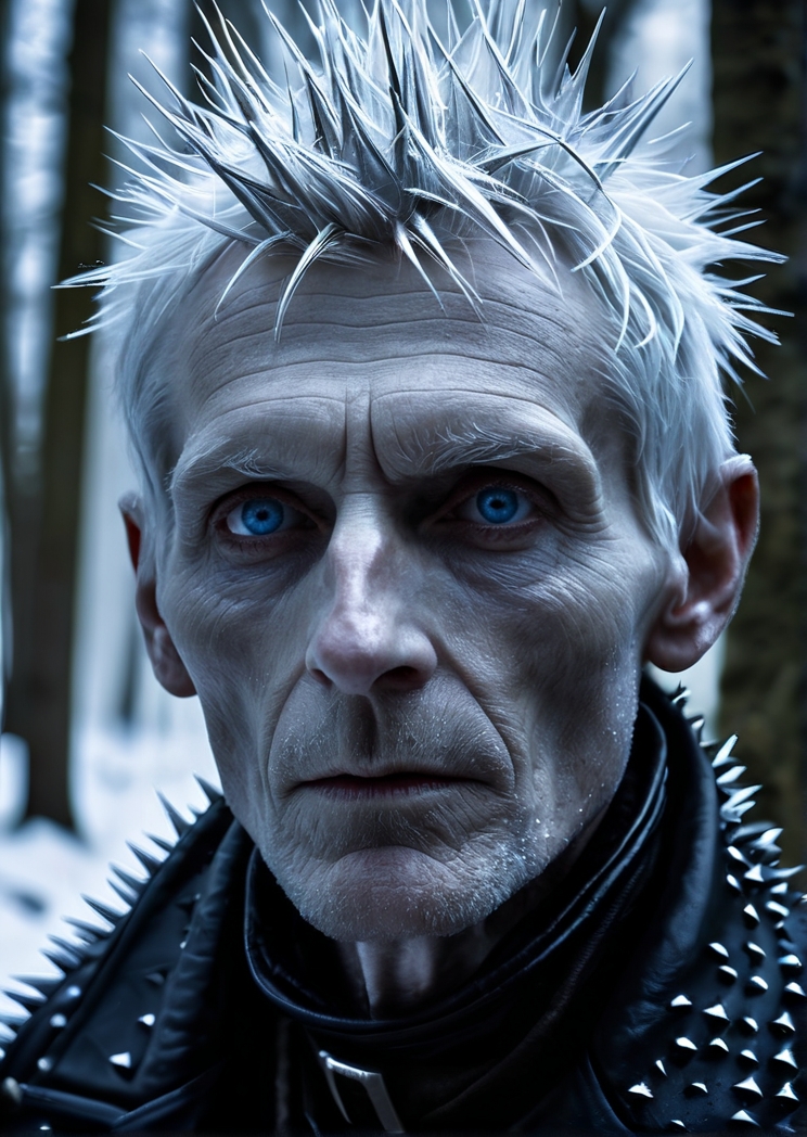 Photo of Judders, wearing a frozen black leather coat, in a frozen winter woodland, (detailed beautiful face, detailed, ultra-detailed body:1.1),best quality,photo-realistic,highly detailed,absurdres,cinematic lighting,hyper-realistic,sharp focus,32k resolution,detailxl,SimplePositiveXLv2,