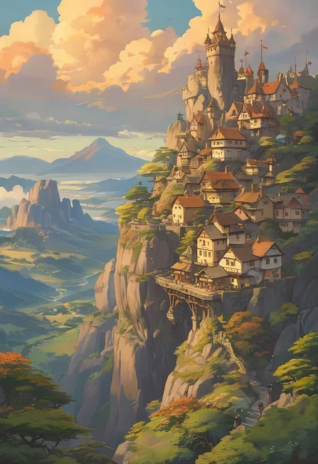 (studio ghibli drawing), (studio ghibli painting),best quality, masterpiece, extremely detailed,  professional  art,  professional painting, an extremely delicate and beautiful, dynamic,  great lighting, perfect shading, professional shading, depth of field,   side soft light, elegant, gorgeous, highly detailed,   full shot, uncropped,   pure genious, absolutely perfect,  highly detailed, breathtaking,  a giant and sheer cliff face with a town built into it, lots of different dwellings, fantasy, sunset
