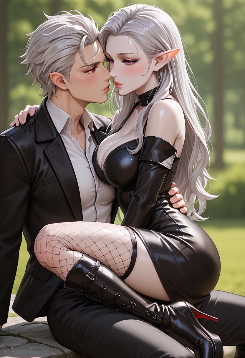 score_9_up, score_8_up, score_7_up, masterpiece, absurdres, raytracing, ambient occlusion, dynamic, cinematic, depth of field,8K,illustration, shiny hair,clear skin,ultra-detailed-eyes, (perfectly shaped lips:1.3), ((ultra-detailed faces:1.3)),(((tenderly kissing lips, half lidded eyes, blushing))), ((duo:1.2)), (((1woman, pointy ears, purple eyes, long straight silver hair, pale skin, large breasts))), ((the woman wears a red and black dress, shoulder cutout, off-shoulder dress, thigh high fishnet stockings, high heels knee boots)), (((Astarion, 1man, pointy ears, red eyes, white hair, medium length, semi curls perfectly styled hair, with a single charming loose strand over the right side of his forehead, sharp jawline, graceful male face features, little forehead wrinkles, extremely pale skin, toned body, tall))), ((the man is tall and muscular, wearing a  white shirt and black jacket, denim pants, and combat boots)), Idyllic forest background, sunset