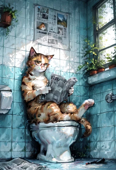 masterpiece, best quality, illustration, oil painting, no-human, detailed, cat sitting on a toilet, with glasses, reading the newspaper, in a bathroom, vivid colors, front-view, serious, plants, window,