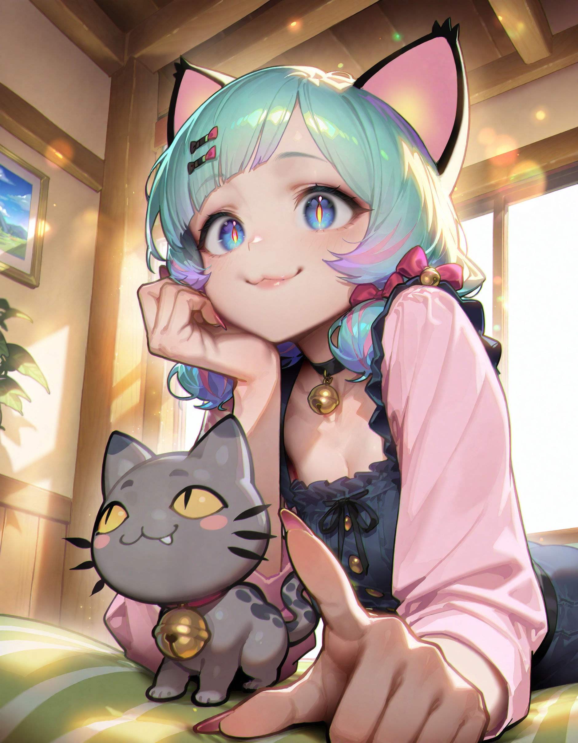 1girl, Neko.
An illustration of a Neko-girl with a weird hairstyle. She has cat ears and cat eyes with vertical slit pupils. Her surroundings bathe in sunlight and a cozy atmosphere. The overall style of the illustration is anime-inspired, with sharp details, post-processing, and filters.
solo, mature female, casual clothes, hairpin, hairbow, frills, bell choker, long nails, detailed pupils, lips, very big cat ears:1.1, cat eyes, playful, cheeky, :3, small breasts, indoors, calm atmosphere, 
absurdres, extreme details, gorgeous, volumetric lighting, best quality, vivid colors, very aesthetic, masterpiece, eye-catching image, epic, <lora:add-detail-xl:1.4>, <lora:FINALE:0.7>, <lora:ponyv6_noobV1_2_adamW:0.5>, <lora:noob1.1-lineart_adjust_mult-mki:-1.7>,