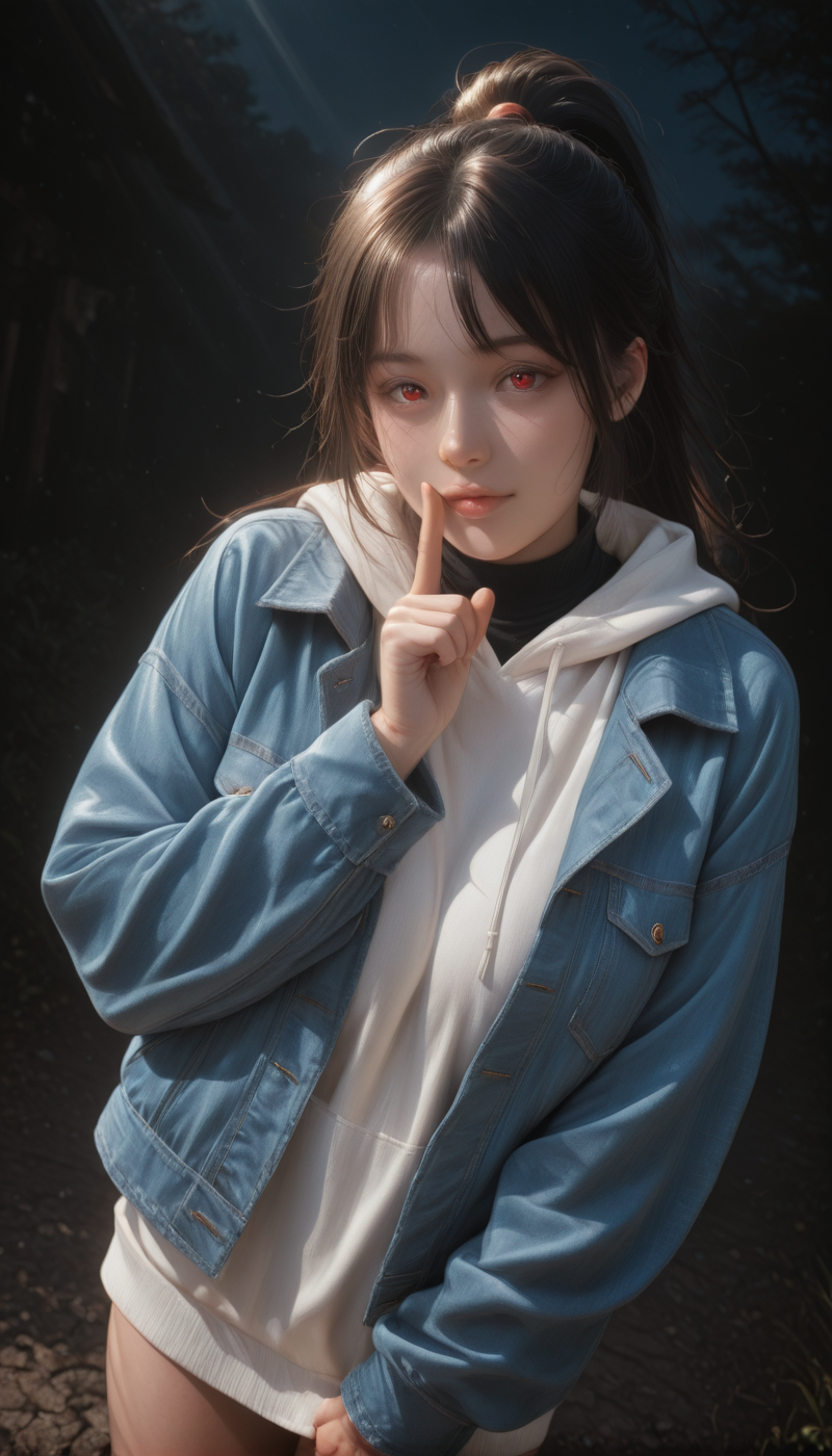 <lora:LCMTurboMix_Euler_A_fix:1> <lora:example_SDXL:0.3>, EZRealPONYXL, <lora:Dramatic Lighting Slider:3> <lora:realistic filter [IL]:1>
DSLR,realistic,cosplay photo, (very awa,masterpiece,best quality,year 2024,newest,absurdres,highres:1), realistic,skin texture,facial features, photography shot with Canon EOS 5D Mark IV , realistic, RAW, best quality, masterpiece, amazing quality, skin details,
1girl, highly detailed beautiful face, large natural breasts,
detailed background, shiny skin, dutch angle, night, moonlight,
beautiful detailed eyes, intricate details, absurdres, anime screencap,
<lora:YoakenoNanashi_Vtuber_kill0825:1>
VTNanashi, long hair, black hair, red eyes, fang, ahoge, sidelocks,
long sleeves, jacket, ponytail, thighs, open clothes, hood, mole, open jacket, sweater, black shirt, hoodie, hood down, blue jacket, denim, white hoodie, undershirt, denim jacket, shirt, turtleneck, front bang,
 <lora:shushing-illustriousxl-lora-nochekaiser:1>, shushing, finger to mouth, index finger raised,,