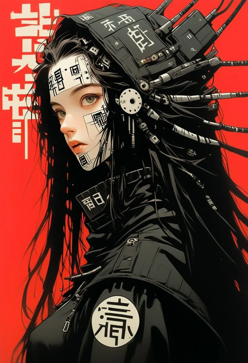 carcosa city, in an medieval Castle, lightened By torches, Red and White 'portrait of holy pureerosface_v1 graceful hellraiser goddess' By Franco Fontana, mechanical parts, wires, cables, cyberpunk, closeup portrait of a woman with a half robot face and bangs, pastel red/white colored, assassinkahb style, closeup photo of an wired-cyborg assassin with half robot face wearing a black high collar hooded parka with technical macro writing resembling an qr-code//bar-code on the back, solo, woman, high collar parka, upper body,, female focus, long hair in wind, weapon, clothes writing, japanese flag, crepuscular rays, volumetric lighting, ultra detailed, deep Blacks, very detailed, atmospheric haze, Film grain, cinematic film still, shallow depth of field, highly detailed, high budget, cinemascope, moody, epic, OverallDetail, 2000s vintage RAW photo, photorealistic, candid camera, color graded cinematic, eye catchlights, atmospheric lighting, imperfections, natural, shallow dof