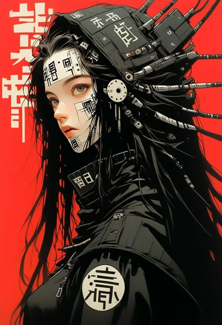 carcosa city, in an medieval Castle, lightened By torches, Red and White 'portrait of holy pureerosface_v1 graceful hellraiser goddess' By Franco Fontana, mechanical parts, wires, cables, cyberpunk, closeup portrait of a woman with a half robot face and bangs, pastel red/white colored, assassinkahb style, closeup photo of an wired-cyborg assassin with half robot face wearing a black high collar hooded parka with technical macro writing resembling an qr-code//bar-code on the back, solo, woman, high collar parka, upper body,, female focus, long hair in wind, weapon, clothes writing, japanese flag, crepuscular rays, volumetric lighting, ultra detailed, deep Blacks, very detailed, atmospheric haze, Film grain, cinematic film still, shallow depth of field, highly detailed, high budget, cinemascope, moody, epic, OverallDetail, 2000s vintage RAW photo, photorealistic, candid camera, color graded cinematic, eye catchlights, atmospheric lighting, imperfections, natural, shallow dof