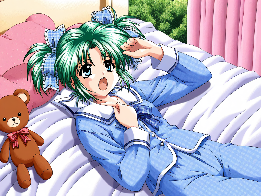 general,highres, ultra-detailed,very aesthetic,best quality ,best hands, BREAK <lora:Minase_Ruka_Akumu_AoiKajitsunoSange_IS:1>
Minase_Ruka, 1girl, solo, green hair, short twintails, blue eyes, hair ribbon, blue plaid ribbon, 
blue pajamas, outdoors,hands on own chest,, plaid skirt, plaid bow, long sleeves, serafuku, 
long sleeves, pajamas, teddy bear, on bed, shirt, hand up, curtains, polka dot,
Yawn,