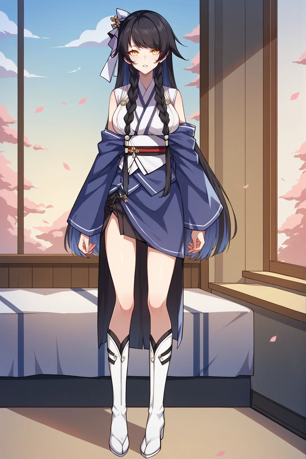score_9, score_8_up, score_7_up, score_6_up, source_anime, 1girl, slender, solo, zhaoyu, <lora:ZhaoyuPDXL-V1:1>
BREAK (black hair, long hair, large breasts)
BREAK (japanese clothes, kimono, hair ornament, obi, hair ribbon, knee boots, white footwear:1.4),
BREAK (looking at viewer, full body, standing:1.2), indoors, day, (parted lips, yellow eyes),