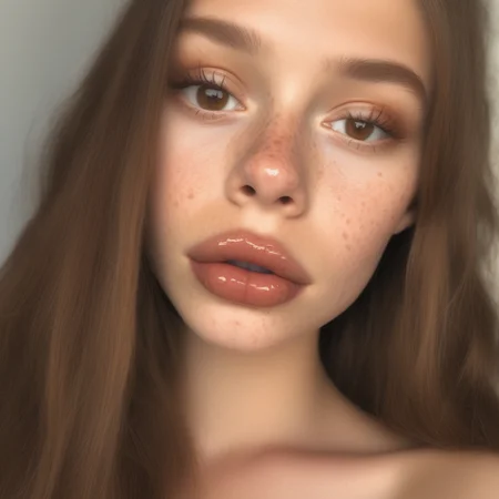 high quality image, lip gloss, lips, solo, pretty face, hazel eyes, long brown hair, freckles,