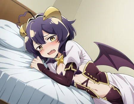 score_9, score_8_up, score_7_up, source_anime,
utenahiiragi, <lora:utena-hiiragi-ponyxl-lora-nochekaiser:1>
utena hiiragi, short hair, yellow eyes, purple hair, ahoge, hair intakes,
navel, wings, horns, fang, demon girl, demon horns, demon wings,
indoors, bed, bed room, on side, blush, drunk,
looking at viewer, dutch angle, cowboy shot