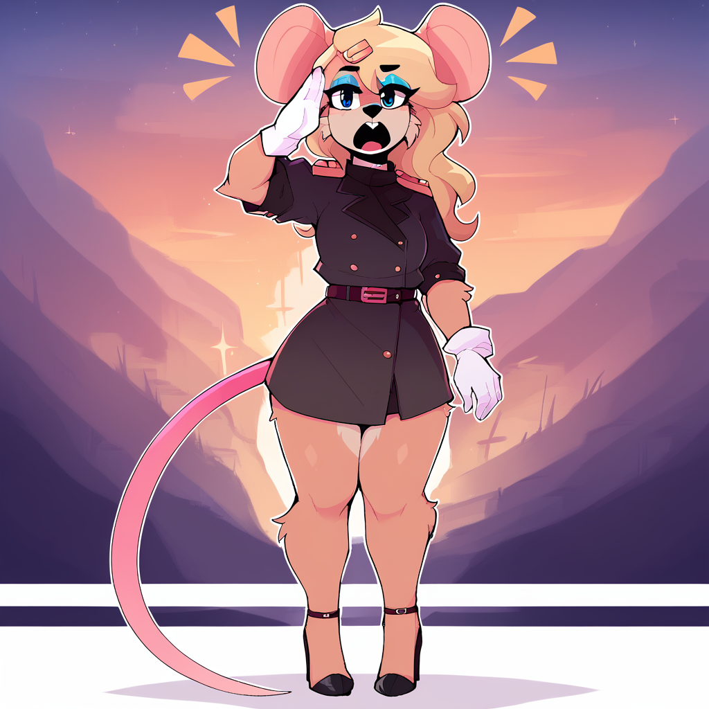score_9_up, score_8_up, score_7_up, score_6_up, furry female, full-length portrait, by remanedur, ela novabay, female, furry, mouse, blue eyes, blue eyeshadow, blonde hair, long hair, tail, white gloves, headwear, (headgear), high heels, salute, looking looking at viewer, hairclip, white naval uniform, standing, (solo), three-quarter view, head tilt, yelling, open mouth,  <lora:Leah_Pines(AIM)_XL_v1:1>,  <lora:PDXL_artist_tags_v2_big:0.8> <lora:The-Minuscule-Task_PDXL_v1.0:0.8> <lora:Ela_Novabay_WirelessShiba:0.15>