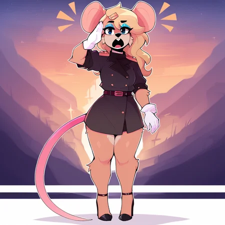 score_9_up, score_8_up, score_7_up, score_6_up, furry female, full-length portrait, by remanedur, ela novabay, female, furry, mouse, blue eyes, blue eyeshadow, blonde hair, long hair, tail, white gloves, headwear, (headgear), high heels, salute, looking looking at viewer, hairclip, white naval uniform, standing, (solo), three-quarter view, head tilt, yelling, open mouth, <lora:Leah_Pines(AIM)_XL_v1:1>, <lora:PDXL_artist_tags_v2_big:0.8> <lora:The-Minuscule-Task_PDXL_v1.0:0.8> <lora:Ela_Novabay_WirelessShiba:0.15>
