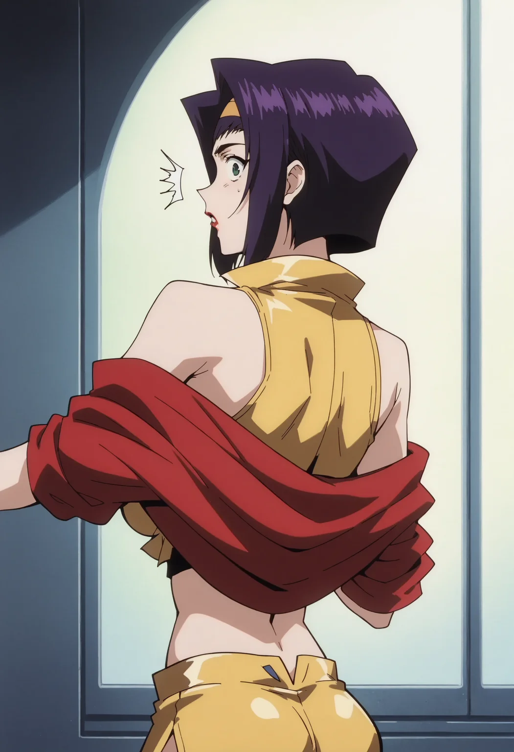 core_9, score_8_up, score_7_up, score_6_up, score_5_up, score_4_up,source_anime, indoors in a palace, looking back, surprised expression,  <lora:Smooth Anime Style LoRA XL:1>  <lora:fay3val3nt1n3XL_Pony_v1:1> fay3val3nt1n3, 1girl, purple hair, short hair, lipstick, green eyes, solo, yellow hairband, yellow crop top, red jacket, off shoulder, bare shoulders, yellow shorts
