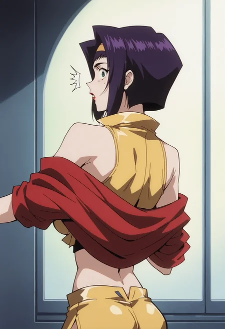 core_9, score_8_up, score_7_up, score_6_up, score_5_up, score_4_up,source_anime, indoors in a palace, looking back, surprised expression, <lora:Smooth Anime Style LoRA XL:1> <lora:fay3val3nt1n3XL_Pony_v1:1> fay3val3nt1n3, 1girl, purple hair, short hair, lipstick, green eyes, solo, yellow hairband, yellow crop top, red jacket, off shoulder, bare shoulders, yellow shorts